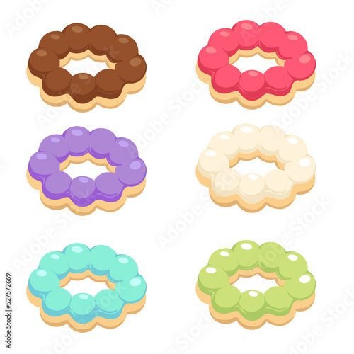 A variety of mochi donuts or Pon de Rings.Collection of various Donuts flavor.chocolate, strawberry, blueberry, white chocolate, Mint Chocolate, matcha flavor.Isolated on white background.