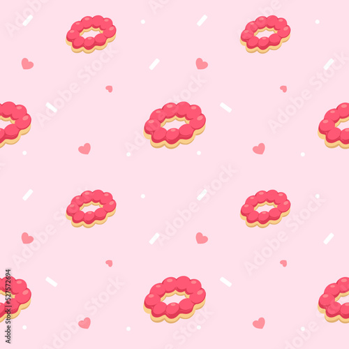 Pink pon de ring mochi donut with pastel background.strawberry flavor.white sprinkle.cute sweet and dessert wallpaper.seamless pattern with donuts for social media posts, banner, greeting card, etc.