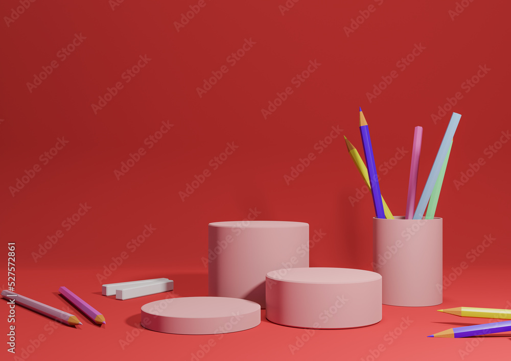 Obraz premium Bright maroon, dark red 3D illustration back to school product display three podium or stand, horizontal image from side with pencils and chalk on table for product photography background or wallpaper