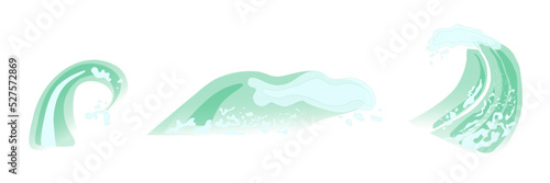Vector collection of sea waves with foam  on white background.