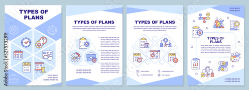 Types of plans purple brochure template. Business strategy. Leaflet design with linear icons. Editable 4 vector layouts for presentation, annual reports. Arial-Black, Myriad Pro-Regular fonts used
