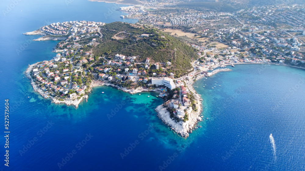 Karaburun is a district of Turkey's Izmir Province. Aerial view of the harbor and İncirli Bay with drone. - obrazy, fototapety, plakaty 