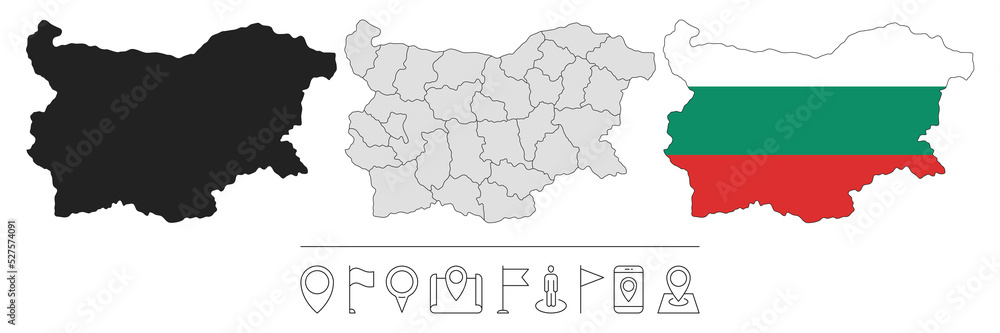Set of different Bulgaria maps with national flag. Navigation line icons. Vector illustration.