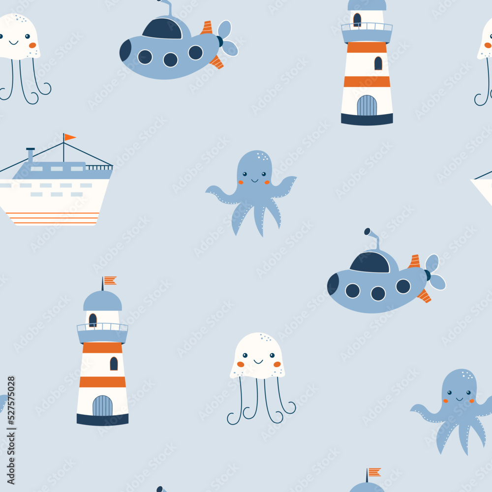 Cute seamless marine pattern. Hand drawn baby ocean of life background. Lighthouse and submarine. Cartoon jellyfish and octopus. Scandinavian design for textiles, baby shower. Vector kids print