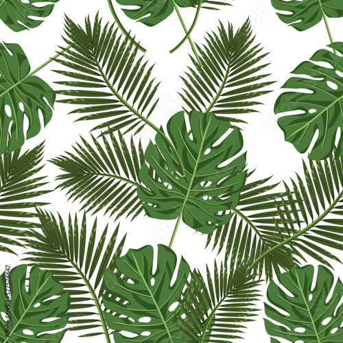 Seamless bright pattern of palm leaves and monstera on a white background.Vector natural pattern can be used in textiles,packaging,notebook covers, pastel linen, postcards.