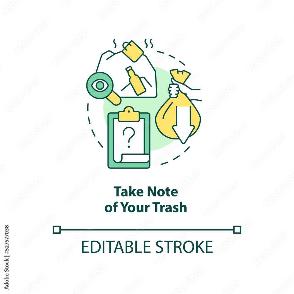 Take note of your trash concept icon. Switching to zero-waste lifestyle abstract idea thin line illustration. Isolated outline drawing. Editable stroke. Arial, Myriad Pro-Bold fonts used Take note of your trash concept icon. Switching to zero-waste lifestyle abstract idea thin line illustration. Isolated outline drawing. Editable stroke. Arial, Myriad Pro-Bold fonts used