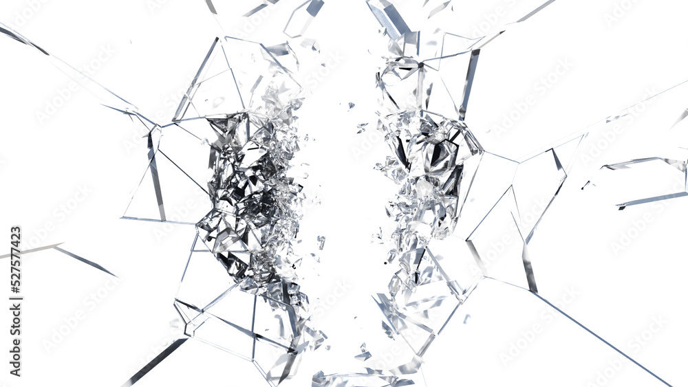 Cracked Glass, Broken Glass with debris in 3d rendering isolated design
