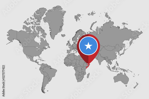 Pin map with Somalia flag on world map. Vector illustration.