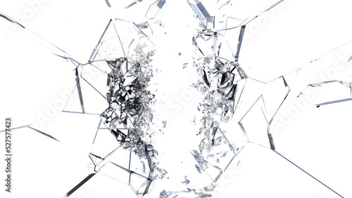 Cracked Glass, Broken Glass with debris in 3d rendering isolated design. PNG alpha channel photo