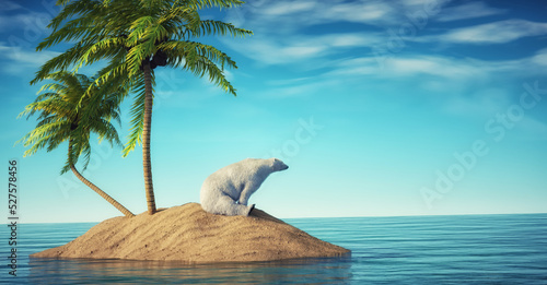 Polar bear relaxing on a tropical beach. T