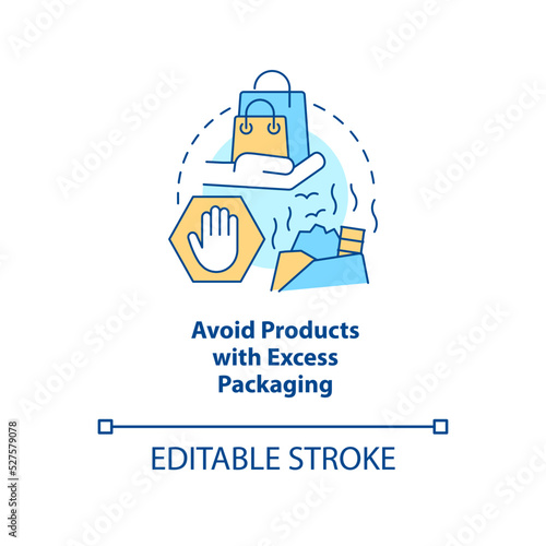 Avoid products with excess packaging concept icon. Reduce waste while shopping abstract idea thin line illustration. Isolated outline drawing. Editable stroke. Arial, Myriad Pro-Bold fonts used