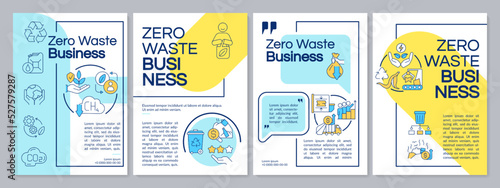 Zero waste company blue and yellow brochure template. Recycling. Leaflet design with linear icons. Editable 4 vector layouts for presentation, annual reports. Questrial, Lato-Regular fonts used