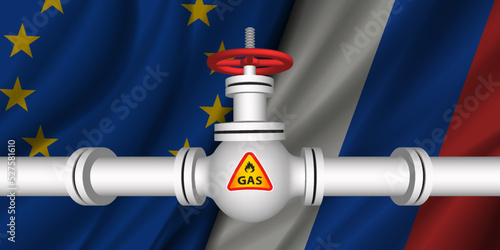 Vector 3d gas pipe with a closed tap on the background of wavy flags of the European Union and the Russian Federation