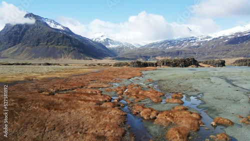 Icelandic river and waterfall with mountains on the background drone show in 4K