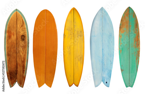 Collection of vintage wooden fishboard surfboard isolated for object, retro styles. © jakkapan