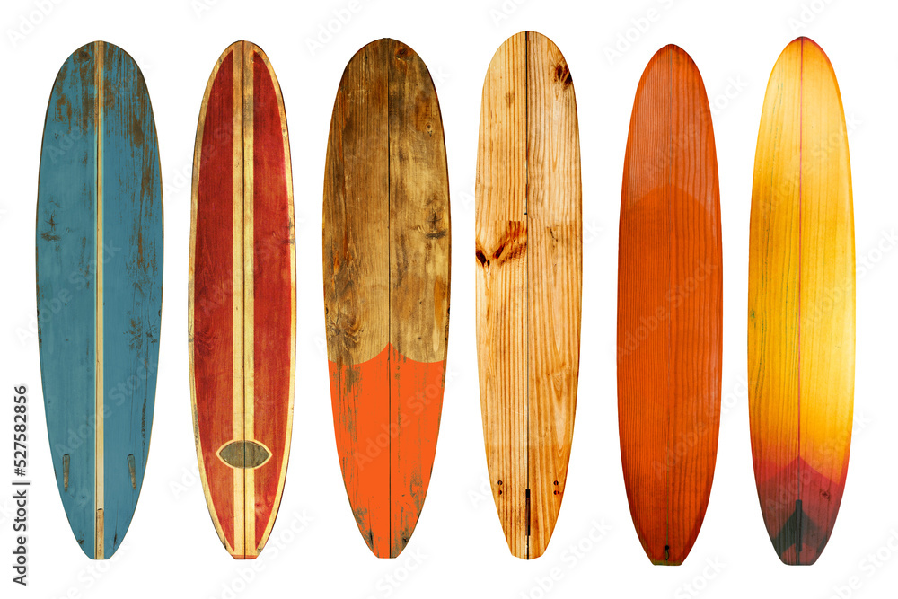 Collection of vintage wooden longboard surfboard isolated for object, retro styles. - obrazy, fototapety, plakaty 