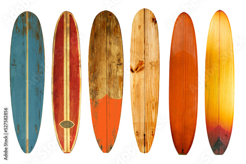 Collection of vintage wooden longboard surfboard isolated for object, retro styles. © jakkapan