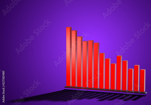 chart shows market crash. Falling financial market concept. Red chart with volume indicators. Crisis chart for financial report illustration. Infographics on purple background. 3d image.