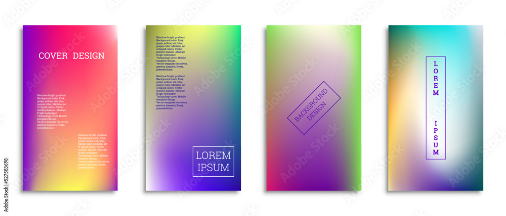 Bright gradient background for the cover. Set of 4 covers. Creative modern vector illustration. Holographic spectrum. Bright gradient background for the cover. Set of 4 covers. Creative modern vector illustration. Holographic spectrum.