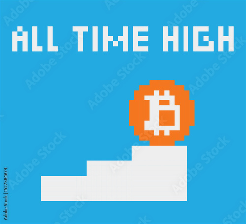 Bitcoin all time high. 8 bit vector illustration. Organized layers, isolated background. Crypto market, virtual currency, high price, digital  asset, blockchain