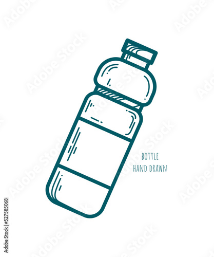 One plastic bottle with blank label hand drawn on white background. Vector icon. Water supply.
Carbonated drink. Lemonade. Decorative element for advertising layout design. Healthy lifestyle. Sketch.