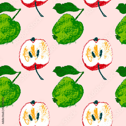 Multicolor apple background. Vector apples seamless pattern with fruit hand drawn pencil illustration for vegan banner, juice, baby food packaging, jam label design. Color fruits backdrop. Cider badge