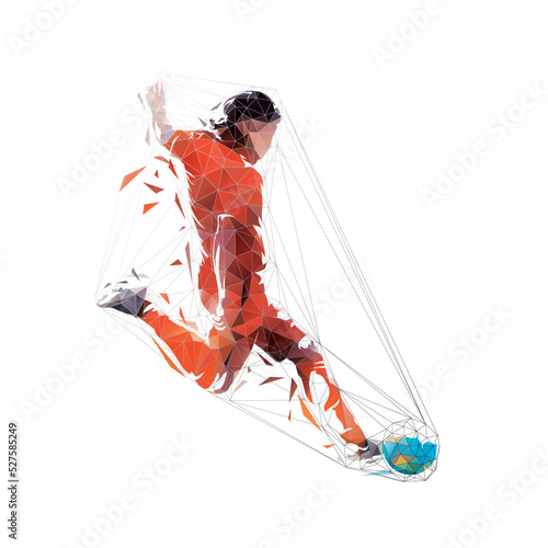 Soccer player kicking ball, low polygonal isolated vector illustration, geometric drawing from triangles. Footballer logo, side view photo