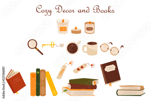 Vector isolated illustration depicting home decor, candles,mugs, books and glasses. Elements to create a design.