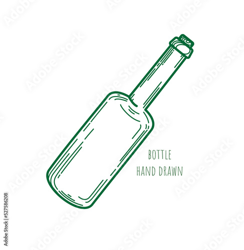 One old vintage glass bottle with cork on white background. Vector icon. Wine shop emblem. Olive oil. Hand-drawn decorative element for menu design, advertising layout, packaging.