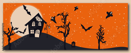 Happy Halloween banner/ background with bats, pumpkins and more. Vector illustration.