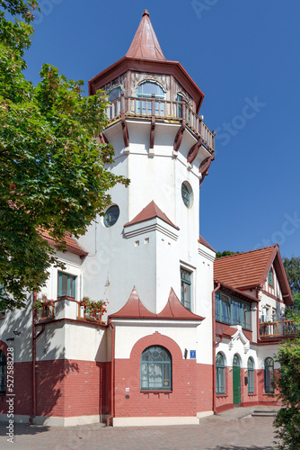 Ancient architecture with balconies and towers of the resort town of Maiori in Jurmala, Latvia photo