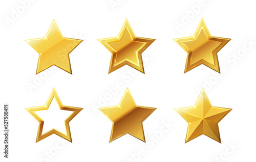 Vector stars set of realistic metallic golden stars isolated on white background. Glossy yellow 3D trophy star icon.