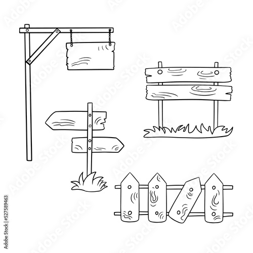 Monochrome set of icons, vintage wooden objects, a sign on a high pole, a broken fence and a pointer, vector cartoon