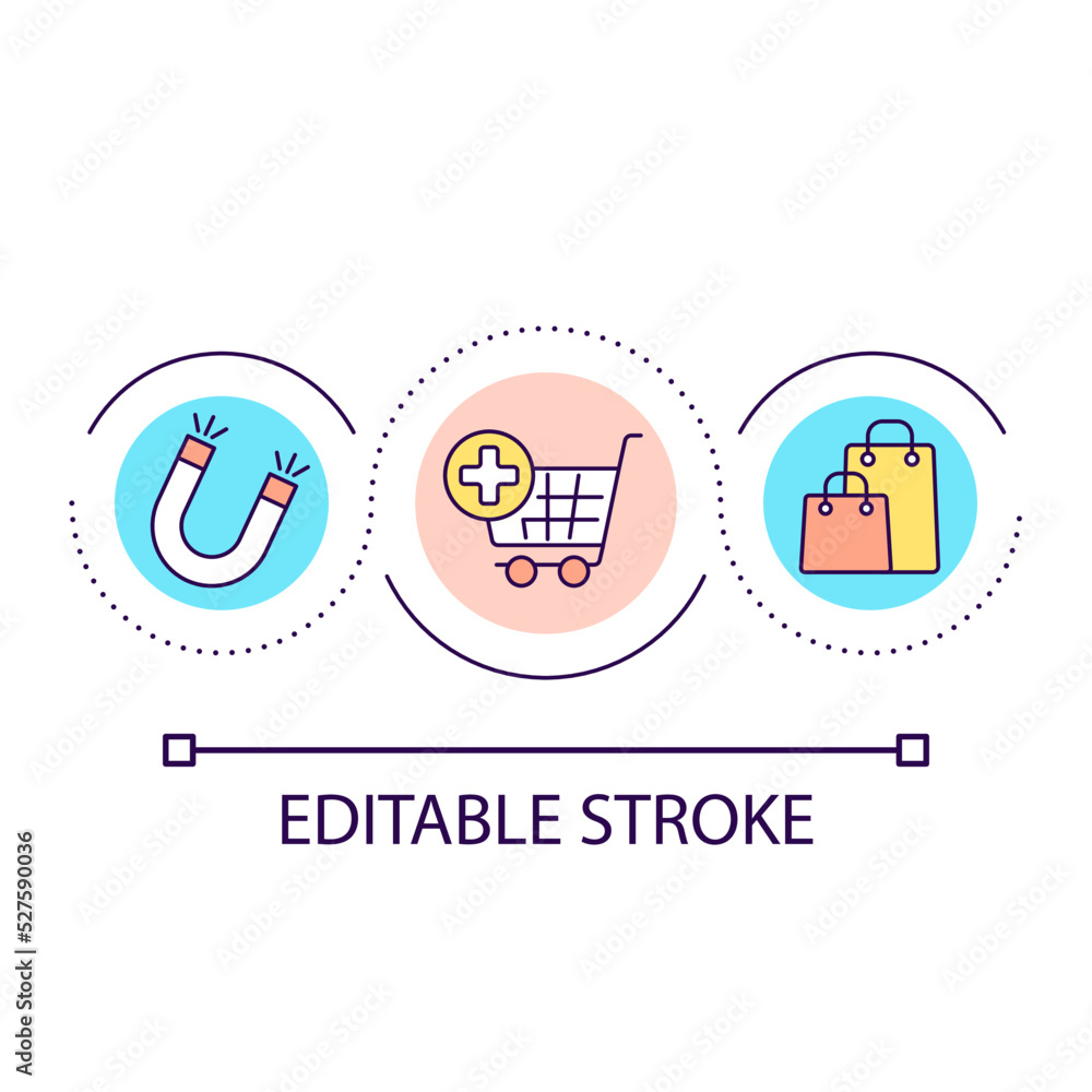 Shopping loop concept icon. Appeal new customers. Retail and commerce. Goods. Consumerism abstract idea thin line illustration. Isolated outline drawing. Editable stroke. Arial font used Shopping loop concept icon. Appeal new customers. Retail and commerce. Goods. Consumerism abstract idea thin line illustration. Isolated outline drawing. Editable stroke. Arial font used