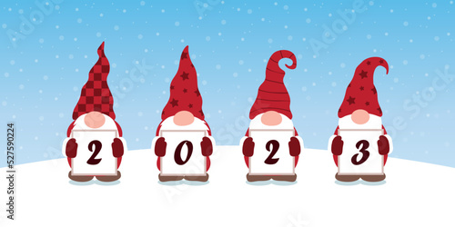 christmas greeting card 2023 with cute christmas dwarf and snowy landscape