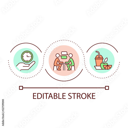 Nutrition education and counseling loop concept icon. Consultation with dietitian abstract idea thin line illustration. Food supervisor. Isolated outline drawing. Editable stroke. Arial font used