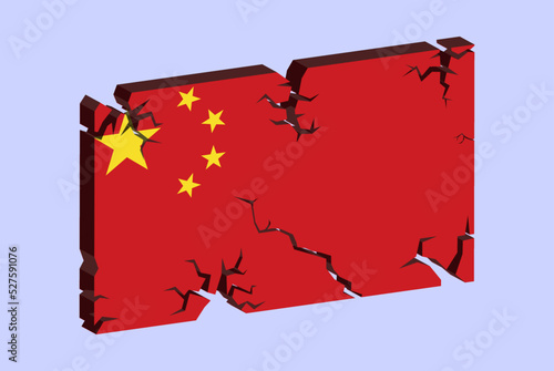 China flag on 3D cracked wall vector, fracture pattern, country flag with cracked texture, issues concept