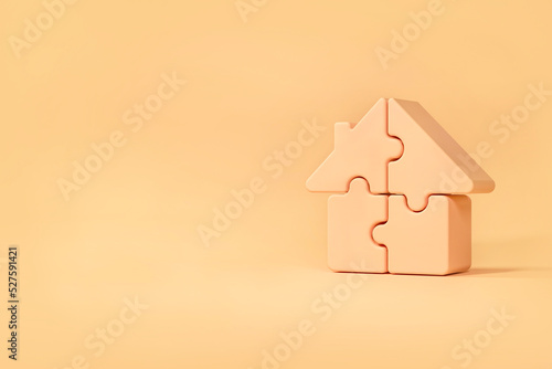 3D model of the house from four puzzle pieces. The elements are connected into a small figure of the building. Real estate, mortgage and construction background idea. Cartoon modern style.