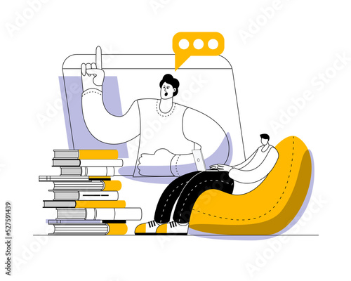 A man is sitting in a bag chair with a laptop among textbooks listening to a lecture on his computer screen. Vector illustration on the topic of online education.