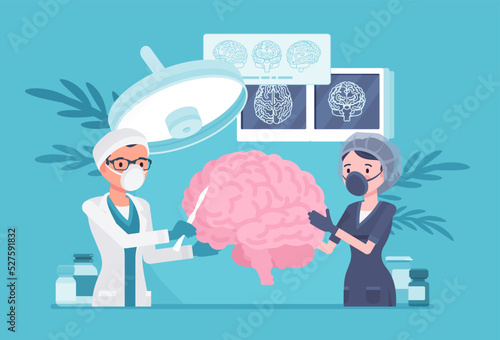 Brain operation, neurosurgery, surgery of nervous system. Male and female doctor understanding, diagnosing, and treating neurologic disease, dementia study, disorder examination. Vector illustration