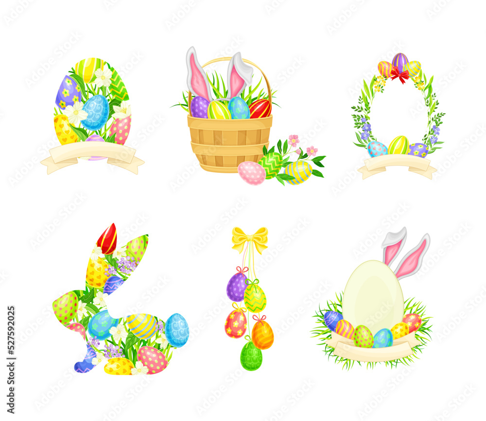 Decorated Easter Eggs or Paschal Eggs Rested in Basket and Grass Vector Arrangement Set