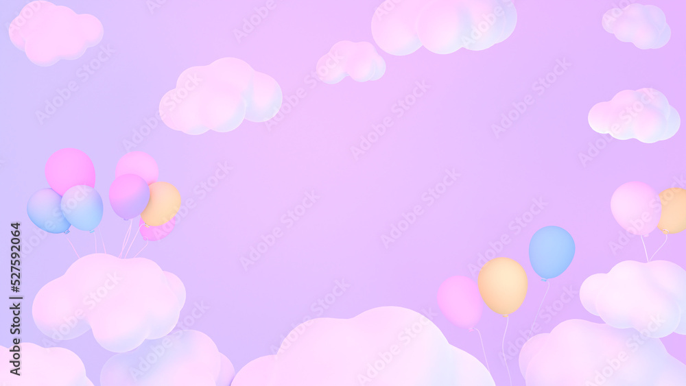 3d rendered pastel clouds and balloons in the purple sky. 3d rendered pastel clouds and balloons in the purple sky.