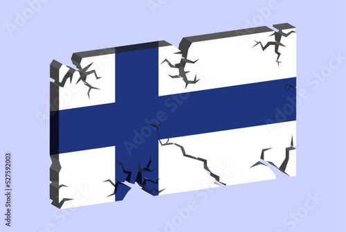 Finland flag on 3D cracked wall vector, fracture pattern, country flag with cracked texture, issues concept