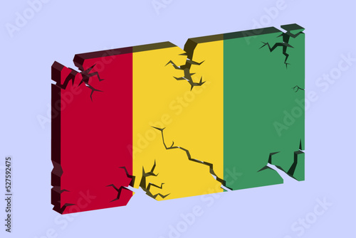 Guinea flag on 3D cracked wall vector, fracture pattern, country flag with cracked texture, issues concept