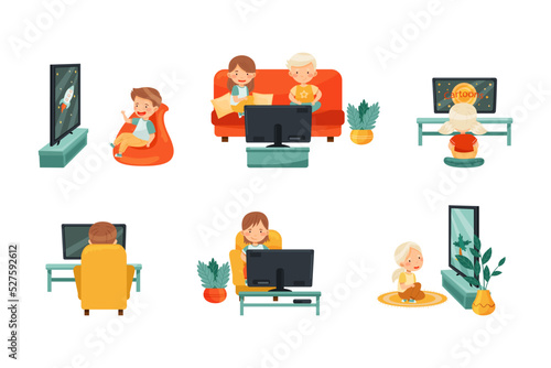 Little Kids Sitting and Watching Cartoon Film on TV and Smiling Vector Set