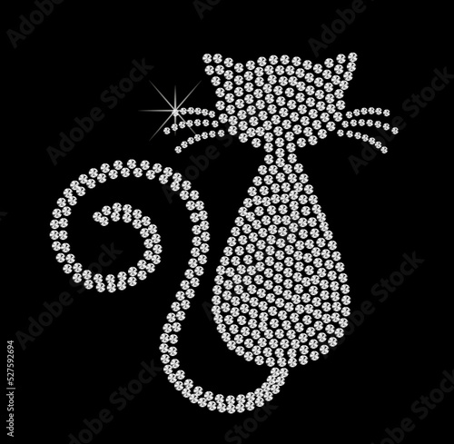 Cat of diamonds. Pattern embroidery of diamond cats. Pattern embroidery of diamond cat. Shiny, silver and black print with diamonds, embroidery and jewelry. Isolated fashion abstract background.
