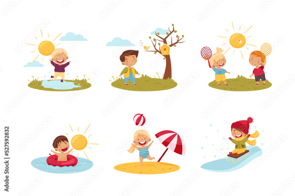 Little Kids Enjoying Seasons Splashing in Puddle, Playing Badminton, Swimming and Sliding Downhill on Sledge Vector Set