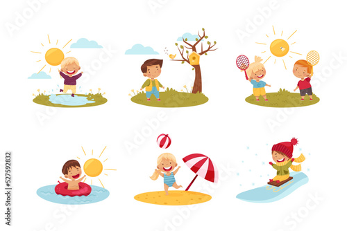 Little Kids Enjoying Seasons Splashing in Puddle, Playing Badminton, Swimming and Sliding Downhill on Sledge Vector Set