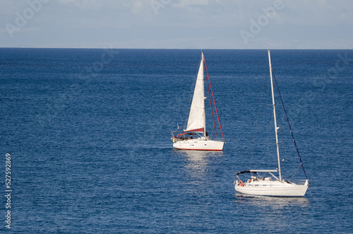 Yachts in the coast of Sardina del Norte. Galdar. Gran Canaria. Canary Islands. Spain.