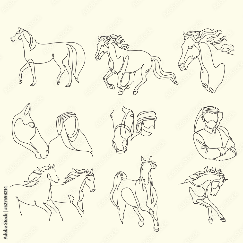Arab man with araian horses vector line art. Arabian man wit traditional clothes riding his horse line drawing Arab man with araian horses vector line art. Arabian man wit traditional clothes riding his horse line drawing